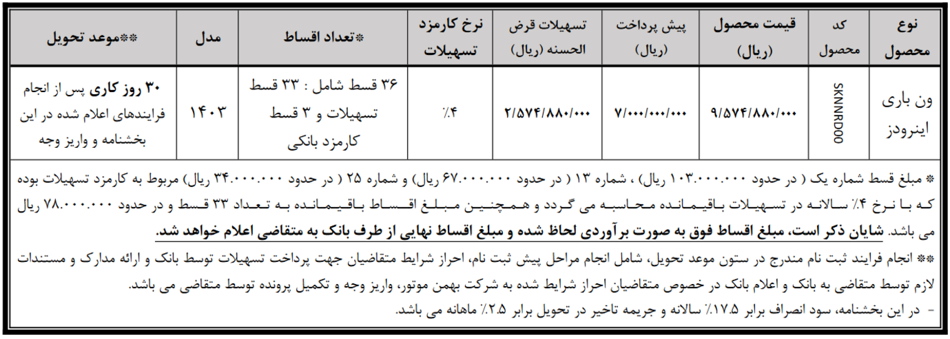 فروش ون باری اینرودز به صورت نقدی و تسهیلاتی