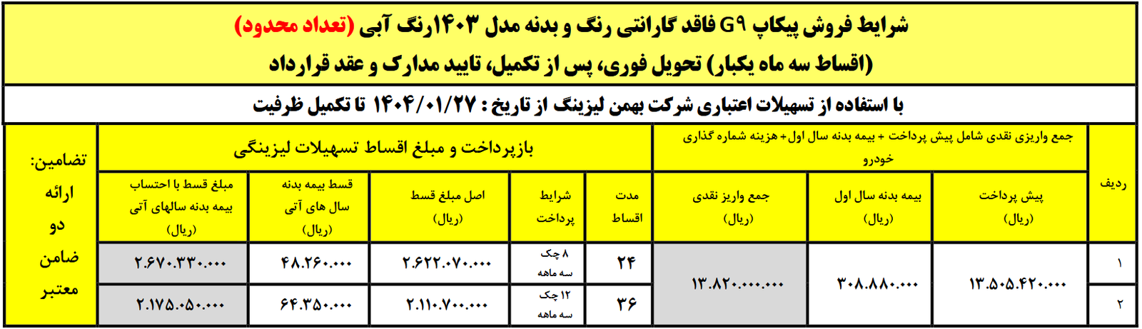 فروش پیکاپ بهمن موتور با اقساط سه ماه یکبار